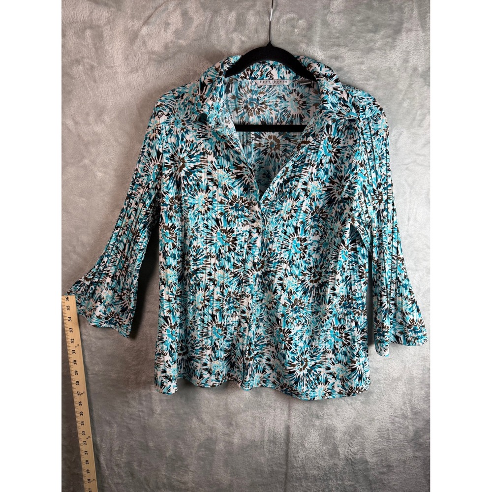 FRED DAVID Blouse Womens L Turquoise Brown Floral Stretch Button Front Shirt